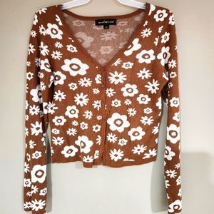 NWOT Social Scene brown white flowers cardigan size L fits M